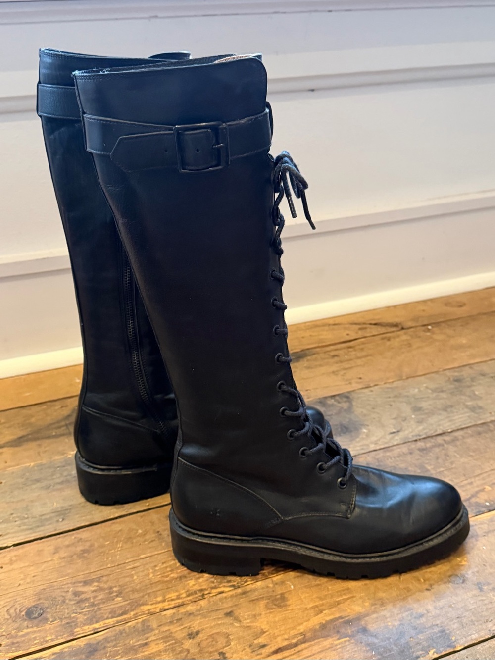 Frye Black Lace-Up Knee-High Combat Boots - Women's - Picture 2 of 4